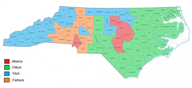 Map of NC with visualization of the LME and MCO list of counties on this page.