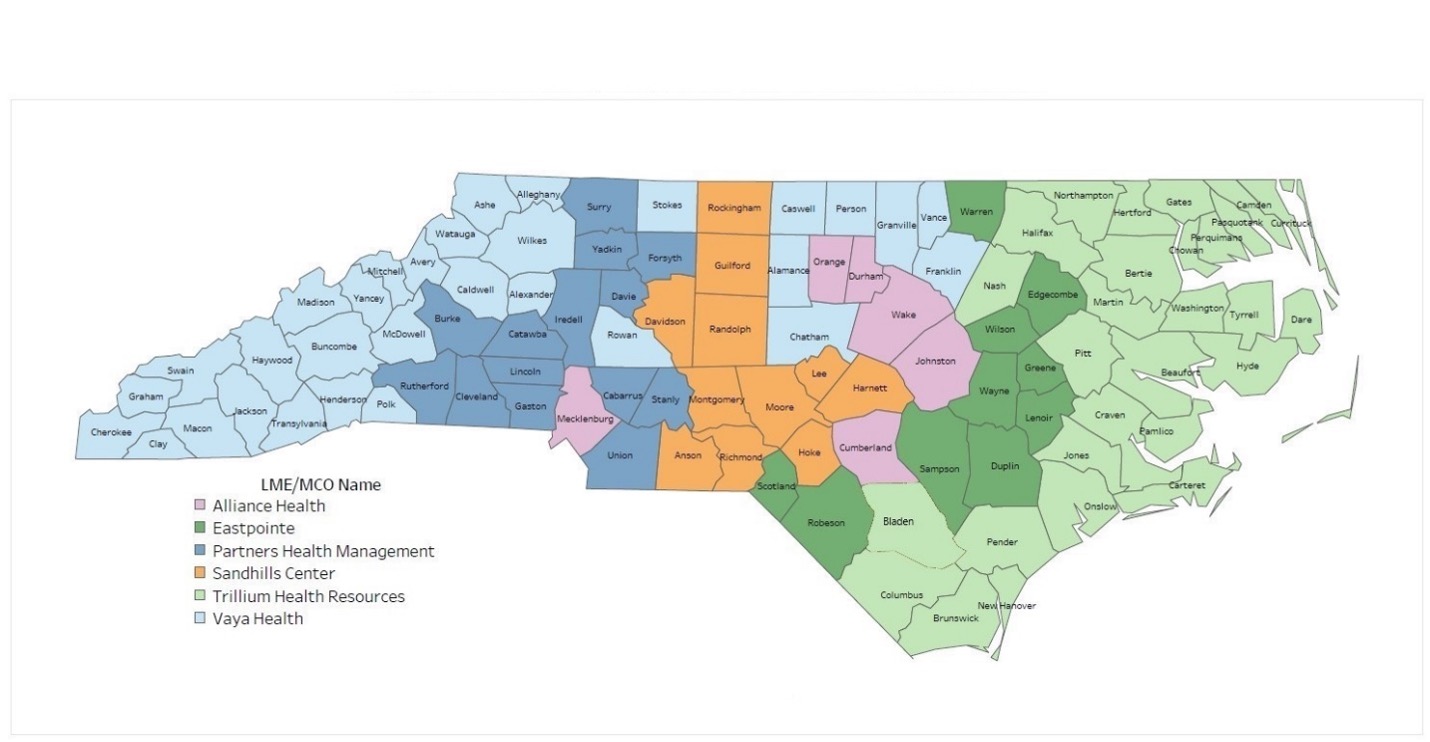 Map of NC with list of LME & MCO List of Counties