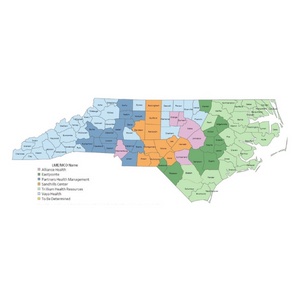 Map of NC counties color coded by the regions that each LME/MCO servesLME/MCO