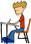 cartoon figure of male student at desk writing