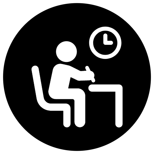 icon - symbol of person taking test, a person at a desk holding a pencil, clock on wall above
