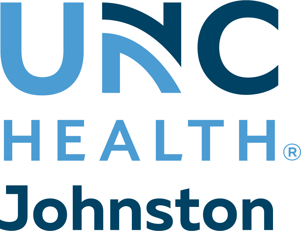 Logo for UNC Health Johnston with the words stacked in three rows, in Carolina Blue and Navy Blue highlights