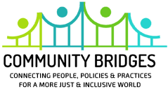 Community Bridges logo with alternating blue and green characters with their arms up, holding hands that look like the suspension cables supporting a bridge