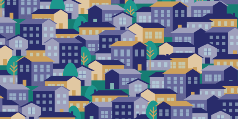 an animated drawing of many houses