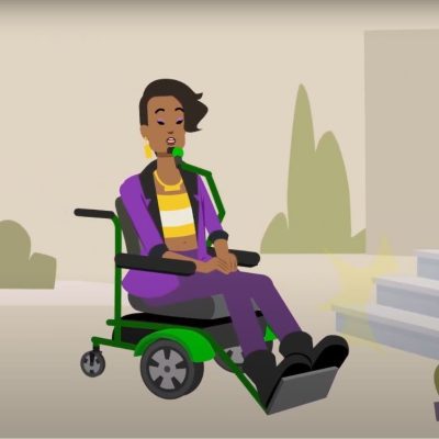 Animation of woman with disabilities speaking in front of steps