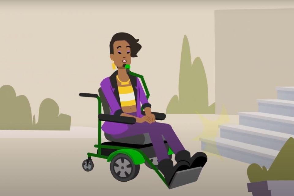 Animation of woman with disabilities speaking in front of steps