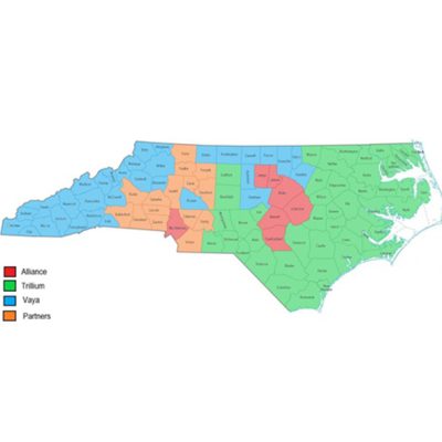 Map of NC with visualization of the LME and MCO list of counties on this page.