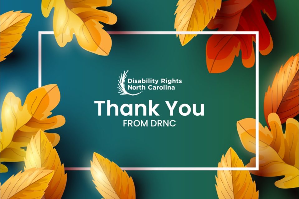 "Thank You from DRNC" on DRNC's blue and green gradient with fall leaves around the border and DRNC's pine branch logo