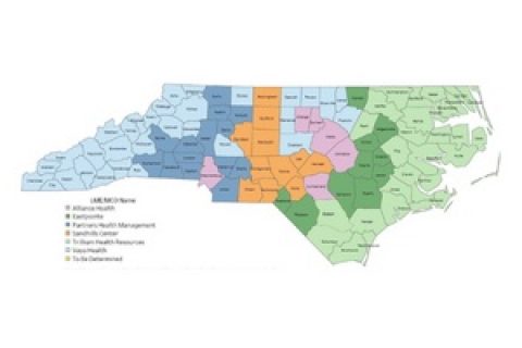 Map of NC counties color coded by the regions that each LME/MCO servesLME/MCO