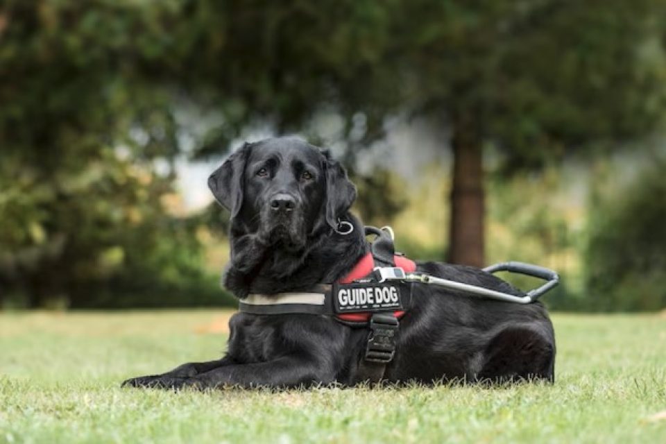 A guide dog lays down on a lawn