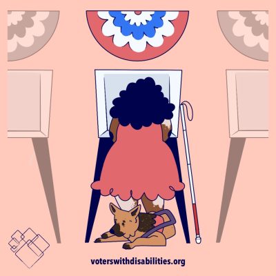 graphic of a black woman voting with a seeing eye dog