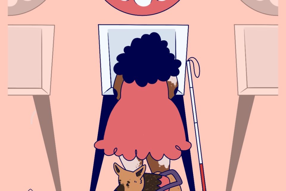 graphic of a black woman voting with a seeing eye dog
