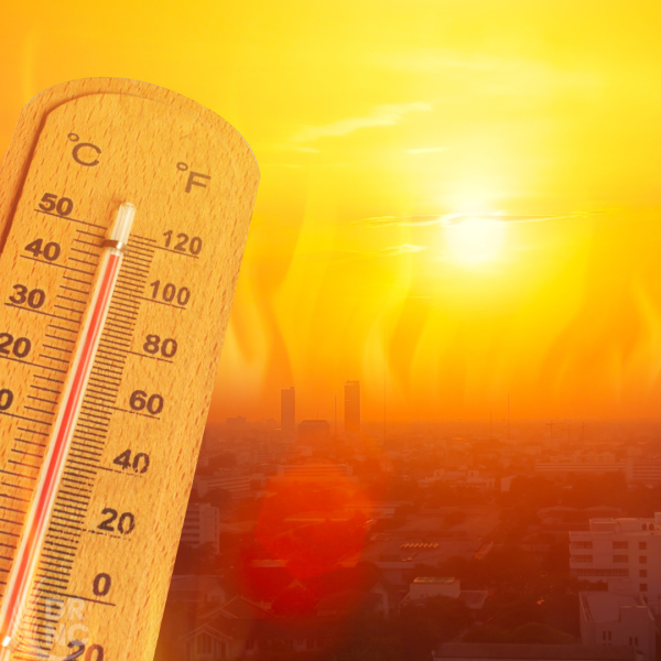 Thermometer showing hot temps. Brutal sunshine in background.