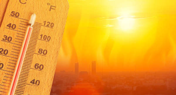 Thermometer showing hot temps. Brutal sunshine in background.