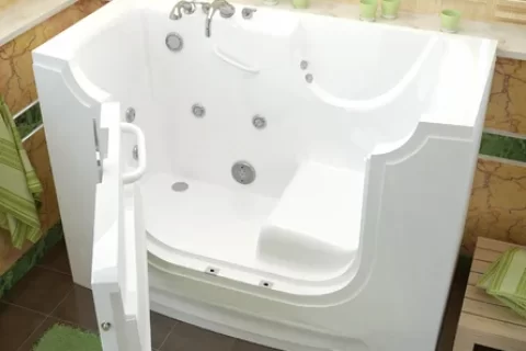 walk-in bathtub with a door that swings open