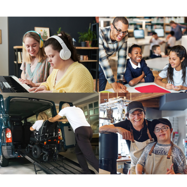 collage of four images people with disabilities in the community, at school, at work, playing music, using transportation