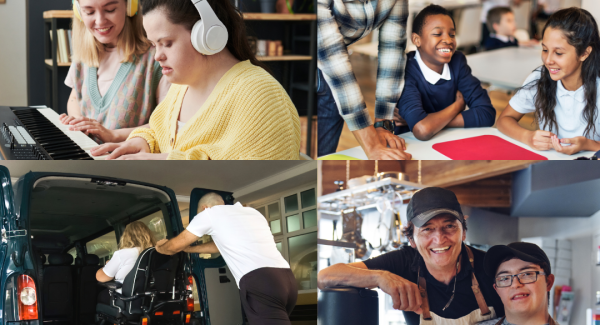 collage of four images people with disabilities in the community, at school, at work, playing music, using transportation