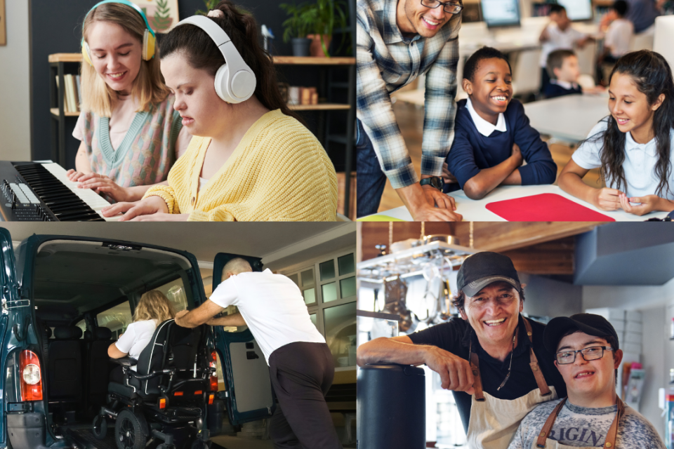 collage of four images people with disabilities in the community, at school, at work, playing music, using transportation