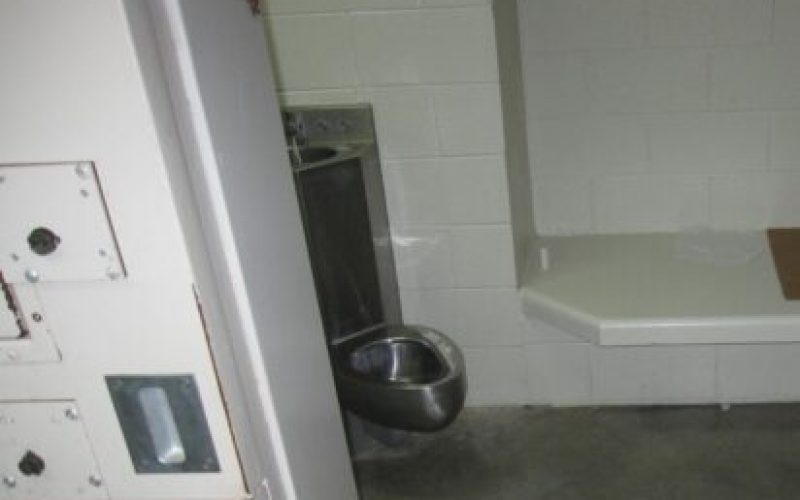 inside a solitary cell. a narrow tile shelf for a bed directly next to a steel toilet with a sink attached at the top
