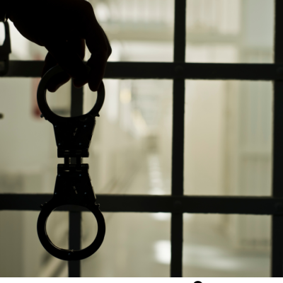 a person's hand behind the bars of a prison or jail, holding handcuffs